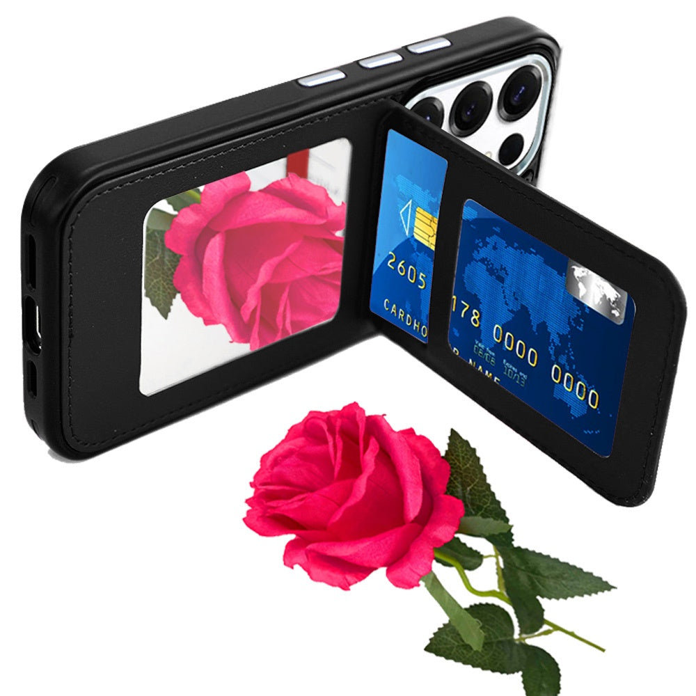 For Apple iPhone 16 (6.1") PU Leather Wallet Cover with Credit Card Holder, Kickstand & Mirror Inside Slim Fit TPU & PC Hybrid Design Case Cover