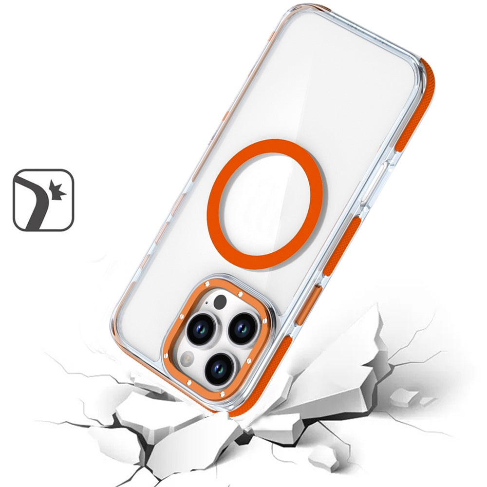 For Apple iPhone 16 Pro Transparent back with Colorful Frame Strong Magnetic Circle [Compatible with Magsafe] Slim Case Cover Orange
