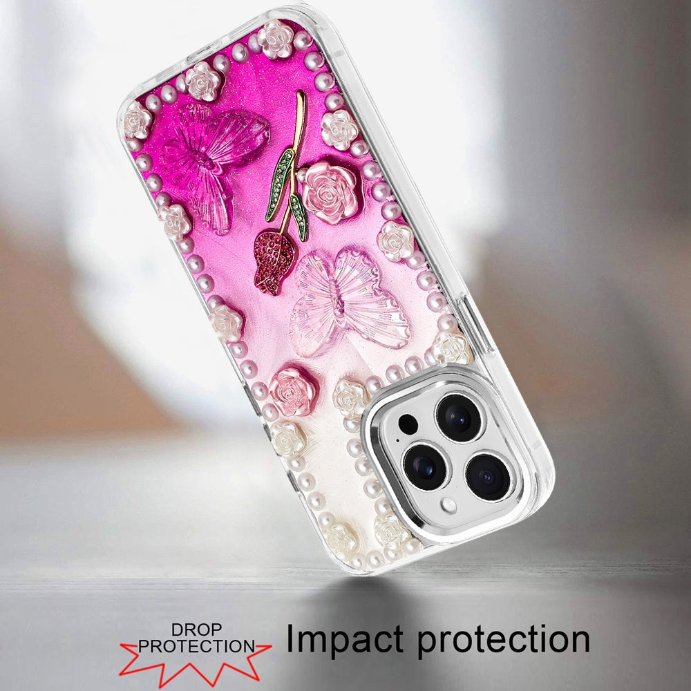 For Apple iPhone 14 Pro Max Bling Fashion Design with 3D Pearls Epoxy Glitter Ornaments Chrome Edge Hard Slim PC Case Cover