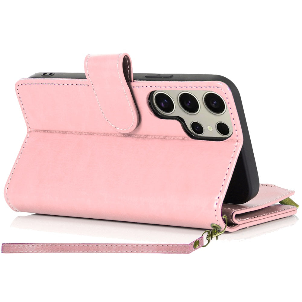 For Samsung Galaxy S25 /S24 Leather Wallet Case with Zipper, 9 Card Slots, Cash Pocket, Stand & Strap, Clutch Pouch Design Case Cover Rose Gold