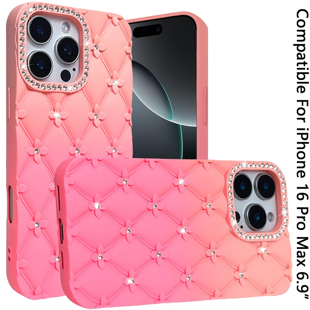 For iPhone 16 Pro Max (6.9") Fashion Flower Design Sparkle Glitter Shimmer Rhinestone Bling Floral Accents, Leather Texture TPU Case Cover