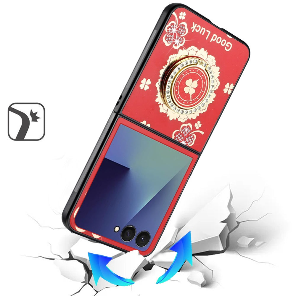 For Samsung Galaxy Z Fold 7 Diamonds 3D Fashion Floral Bling Sparkly Glitter Ornaments Engraving Hybrid with Ring Stand Case Cover Red Good Luck Floral