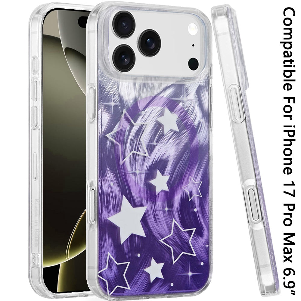 For Apple iPhone 17 Pro Max Stylish Pattern Fashion IMD Printed Design TPU Double Layer Slim Shockproof with Magnetic Back Case Cover Gradient Purple Star
