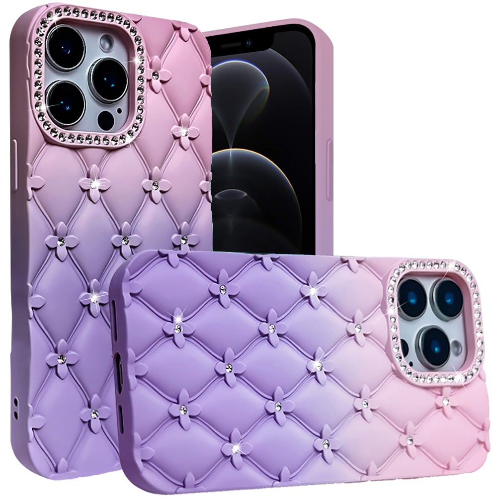 For Apple iPhone 12 Pro Max Fashion Flower Design Sparkle Glitter Shimmer Rhinestone Bling Floral Accents, Leather Texture TPU Case Cover