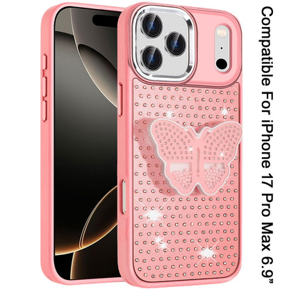 For Apple iPhone 17 Pro Max (6.9") Butterfly Moveable Grip 3D Pop Stand Full Diamond Bling Sparkling TPU Fashion Hybrid Case Cover