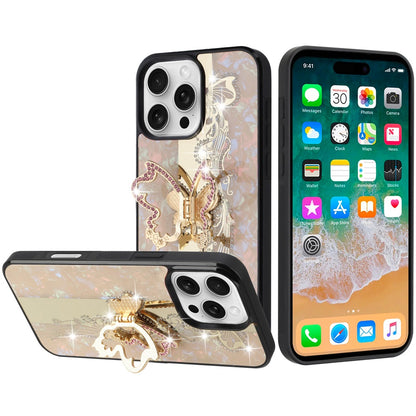 For Apple iPhone 16 Pro (6.3") Diamond Bling Sparkly 3D Back Ornaments Engraving Hybrid with Stand Fashion Case Cover Enchanted Butterfly Gold