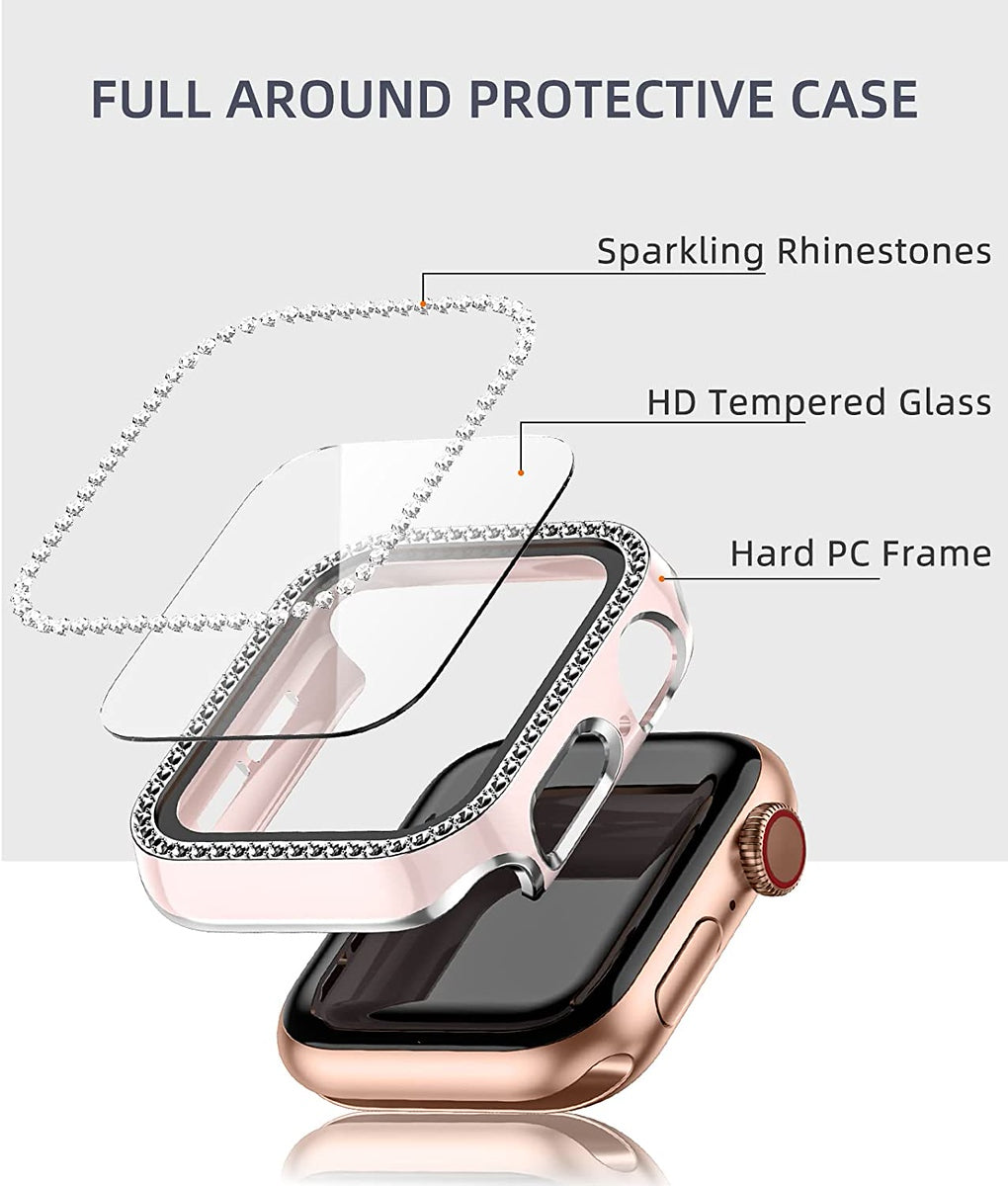 For Apple Watch Size 46mm Luxury Bling Cover Diamond Electroplate Rhinestone Bumper Protective Frame with Tempered Glass Screen Protector Case Cover