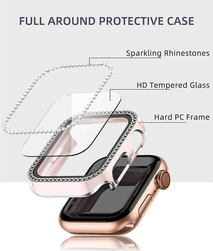 For Apple Watch Size 45mm Luxury Bling Cover Diamond Electroplate Rhinestone Bumper Protective Frame with Tempered Glass Screen Protector Case Cover Clear