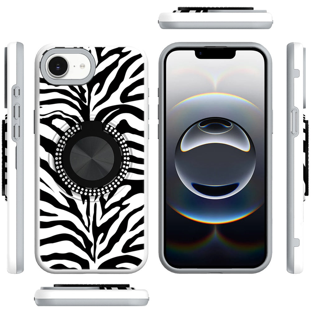 For Apple iPhone 16e Pattern Design Hybrid with Invisible Ring Stand & Magnetic Back, Shockproof Protective Grip Case Cover Zebra