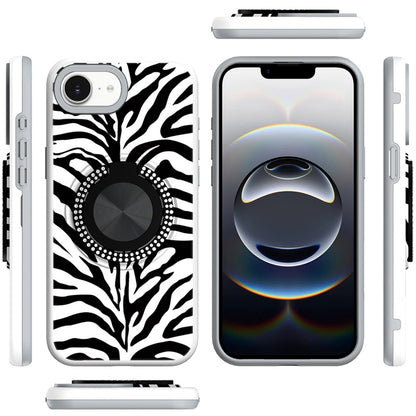 For Apple iPhone 16e Pattern Design Hybrid with Invisible Ring Stand & Magnetic Back, Shockproof Protective Grip Case Cover Zebra