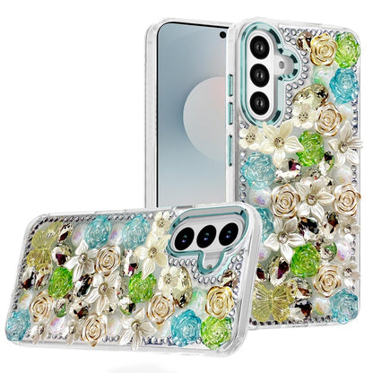 For Samsung Galaxy S25 FE, S25 Fan Edition 3D Diamond Floral Roses Flower Bling Stone Hybrid, Sparkly Rhinestone Gemstone Back Shockproof Case Cover Blue