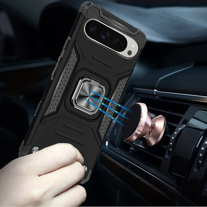 For Google Pixel 9 Pro XL Armor Hybrid Magnetic Stand with Ring Holder Kickstand Shockproof Heavy-Duty Durable Rugged TPU Dual Layer Case Cover Black