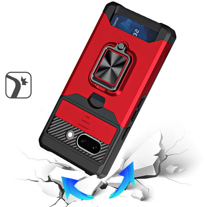 Phone Case for Google Pixel 10A Card Holder Magnetic Ring Stand Shockproof Anti Slip Wallet Grip Protective Hybrid Design Cover Cosmic Orange