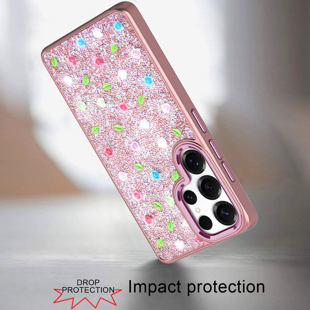 For Samsung Galaxy S23 Ultra Floral Design Embedded Glass Diamond Fancy Fashion Glitter Bling Sparkly Hybrid Rugged TPU Bumper Case Cover