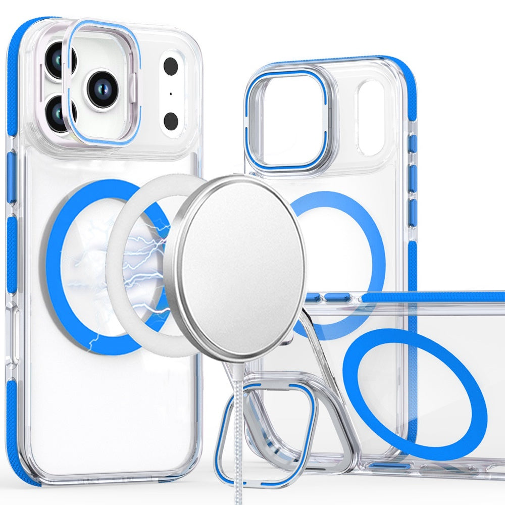 For Apple iPhone 17 Pro Max Hybrid Clear Back Case with Invisible Camera Bracket Stand, MagSafe Magnetic Circle, Shockproof Color Frame Case Cover