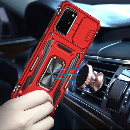 For Samsung Galaxy S20+ Plus Tough Hybrid Case with Movable Camera Window & Metal Ring Stand Shockproof Case Cover