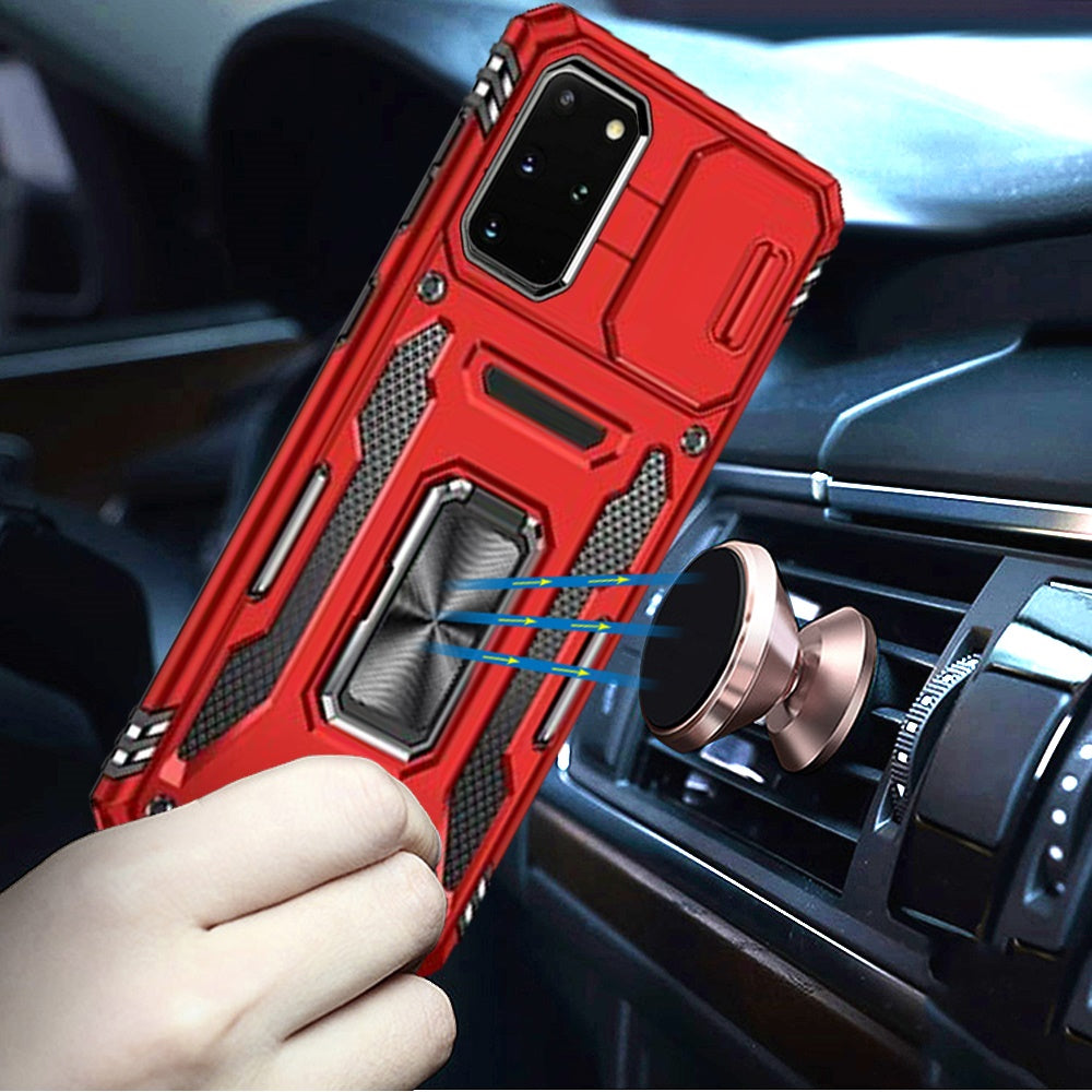 For Samsung Galaxy S20 Ultra Tough Hybrid Case with Movable Camera Window & Metal Ring Stand Shockproof Case Cover Red