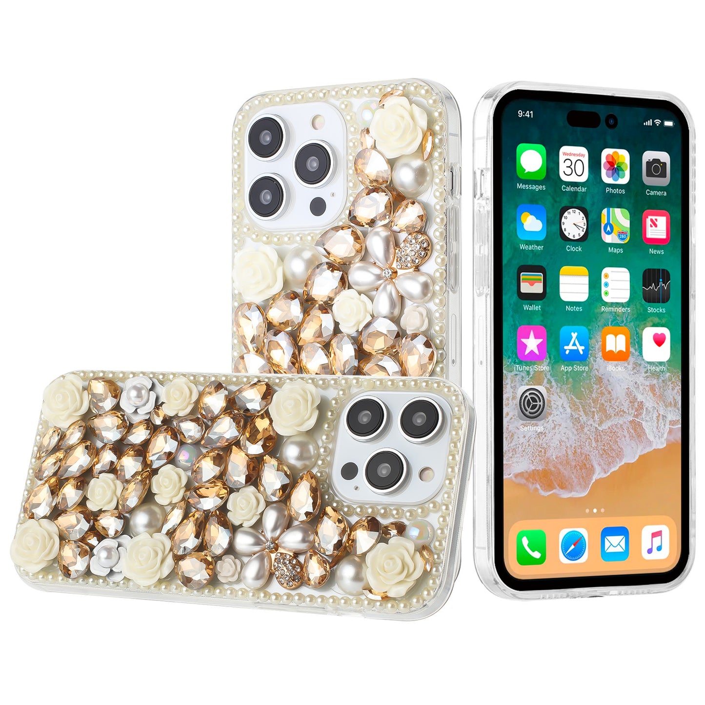 For iPhone 15 (6.1") Fashion Rose Flower Floral Bling Crystal 3D Full Diamonds Pearl Sparkle Rhinestone Glitter Hybrid Case Cover Yellow