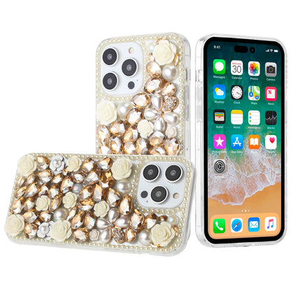 For iPhone 15 (6.1") Fashion Rose Flower Floral Bling Crystal 3D Full Diamonds Pearl Sparkle Rhinestone Glitter Hybrid Case Cover Yellow