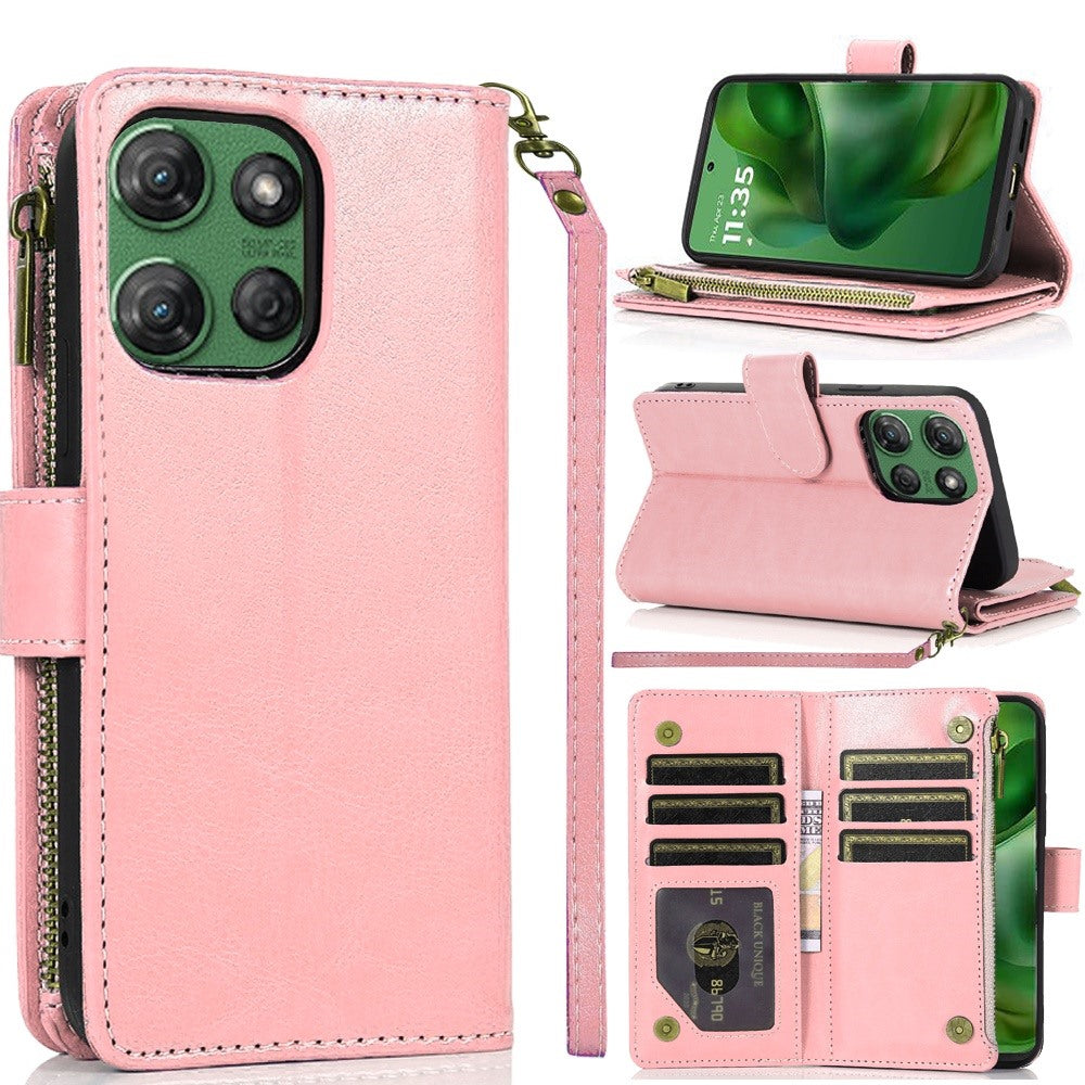 For Motorola Moto G Stylus 5G 2025 Leather Wallet Case with Zipper, 9 Card Slots, Cash Pocket, Stand & Strap, Clutch Pouch Design Case Cover Rose Gold