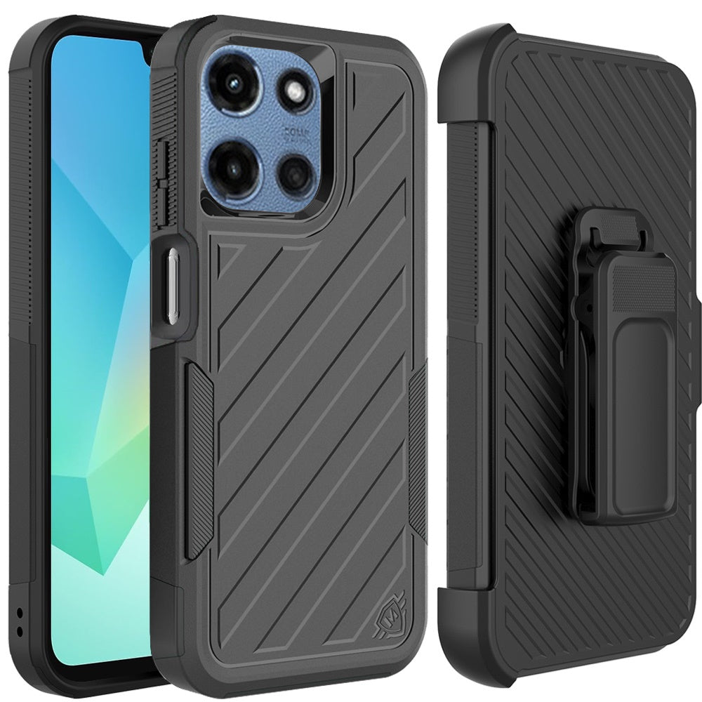 For Motorola Moto G Power 5G 2025 Premium Tough Hybrid Case with Belt Clip Holster, Shockproof Rugged Design, Textured 2in1 Non-Slip Case Cover Black