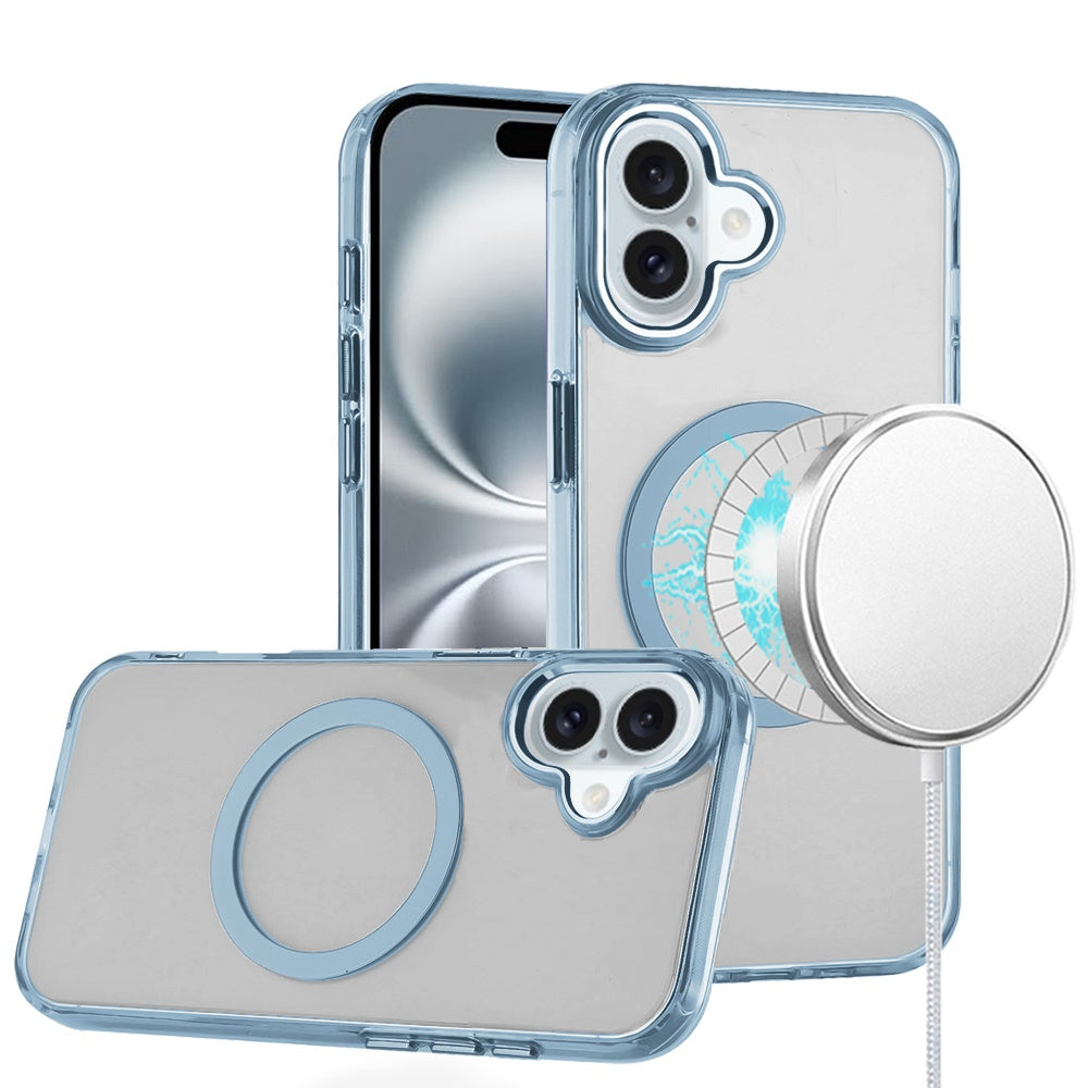 For Apple iPhone 16 Plus (6.7") Transparent Back Hybrid Case - Magnetic Circle, Color Frame, Metal Buttons, MagSafe Compatible Case Cover