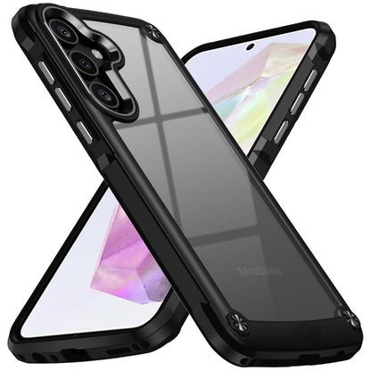 For Samsung Galaxy A36 Hybrid Transparent Rubber with Metal Buttons & Camera Edges Hard TPU Corner Frame Bumper Case Cover