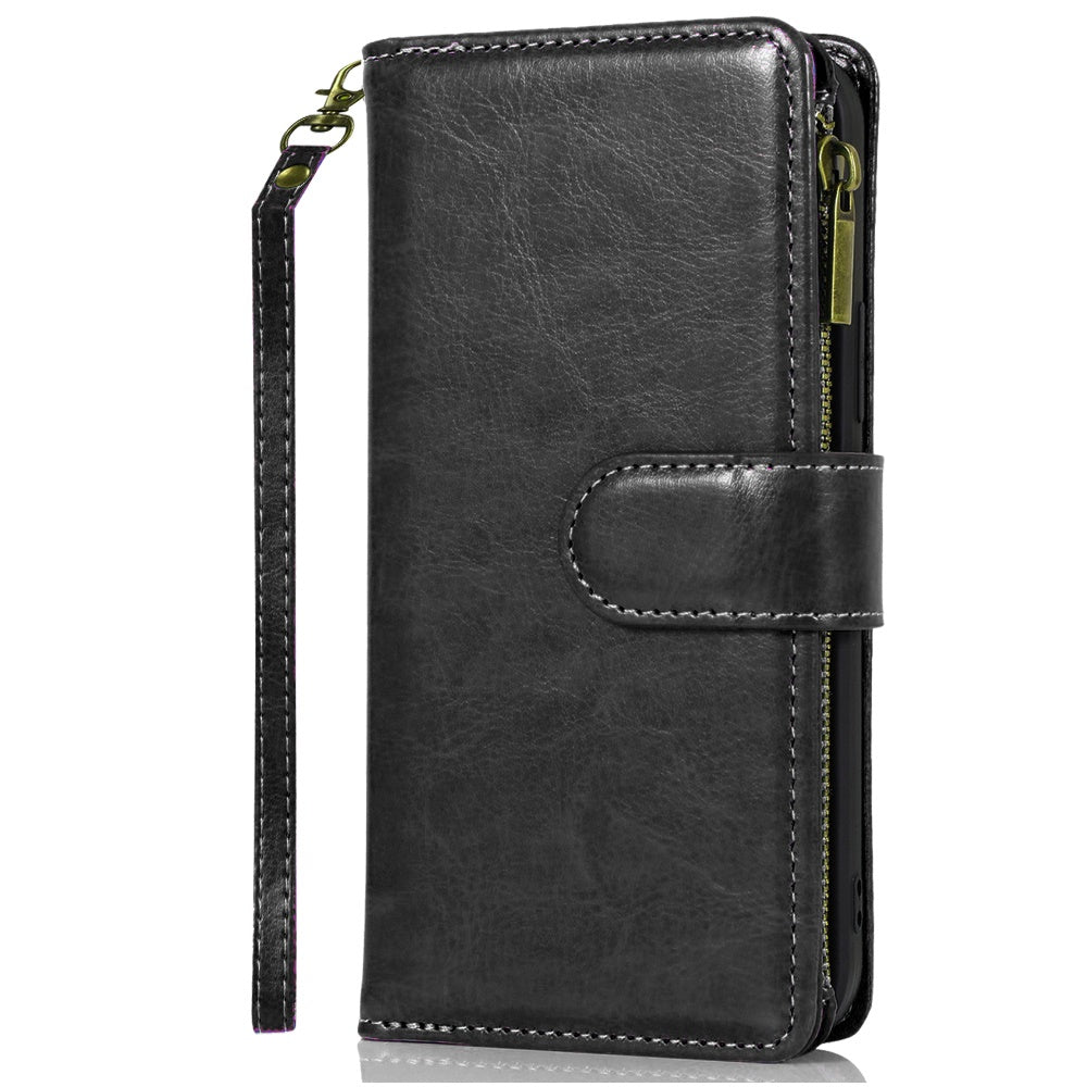 For Samsung Galaxy A16 5G PU Leather Zipper Wallet Case 9 Credit Card Slots Cash Money Pocket Clutch Pouch with Stand & Strap Case Cover Black