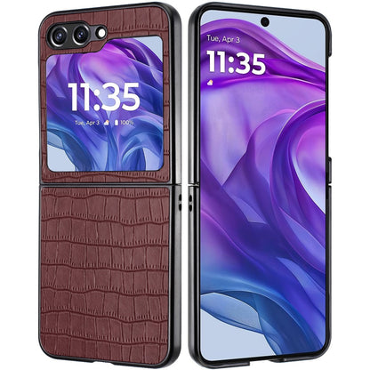 For Motorola Razr 2024 Premium PU Vegan Leather Hard Snap-On Slim Protective Shell Cover, Elegant Finish Case Cover Brwn
