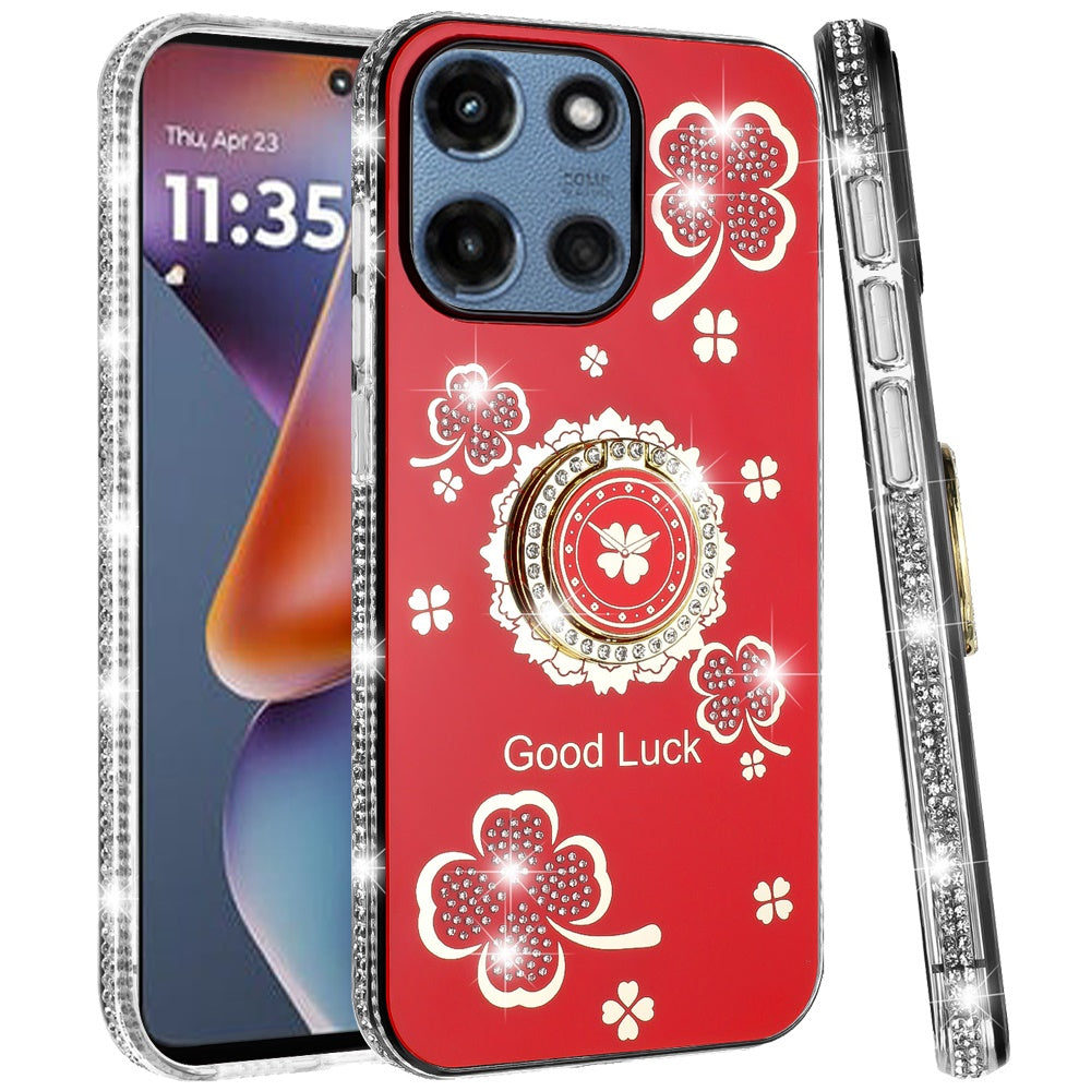 For Motorola Moto G Power 5G 2025 Diamonds Bling All Around Edges Sparkly Glitter Hybrid with Ring Stand Holder Fashion Good Luck Case Cover