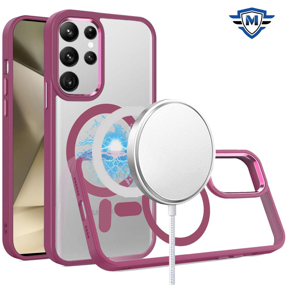 Phone Case for Samsung Galaxy S24+ /S24 Plus Magnetic Clear Acrylic Metal Button Shockproof Hybrid Durable Grip Bumper TPU Protective Heavy Duty Cover Burgundy