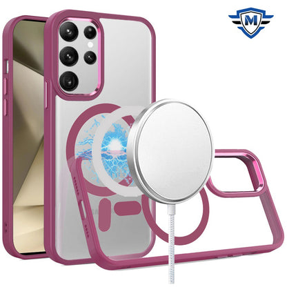 Phone Case for Samsung Galaxy S24+ /S24 Plus Magnetic Clear Acrylic Metal Button Shockproof Hybrid Durable Grip Bumper TPU Protective Heavy Duty Cover Burgundy