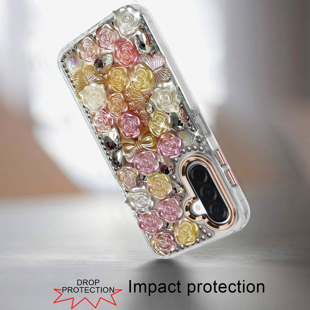 For Samsung Galaxy A17 5G Muti-Color Floral Fashion Bling Crystal 3D Full Diamonds Stones Sparkle Rhinestone Glitter Hybrid Case Cover