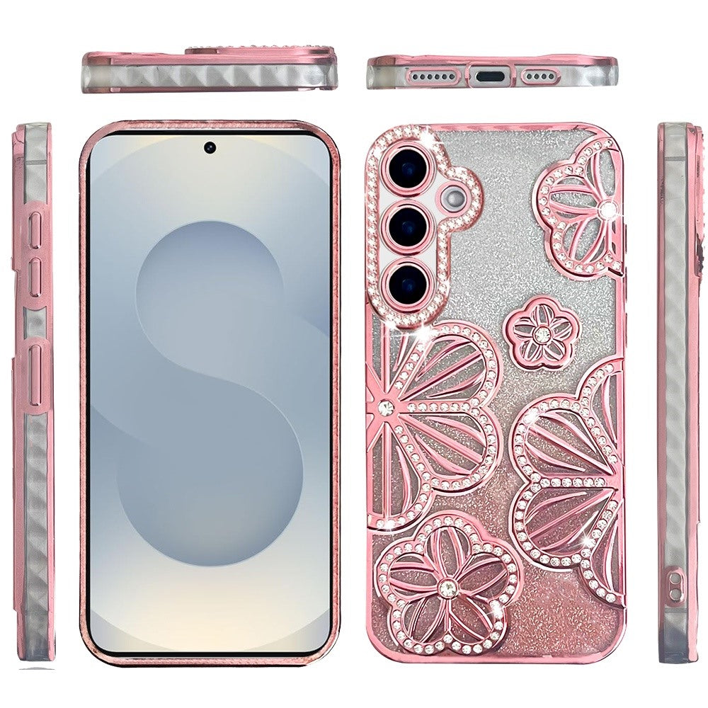 For Samsung Galaxy S26 Luxury Flower Design Sparkle Glitter Diamond Rhinestone Shimmer Bling Plating Thick TPU Hard PC Case Cover
