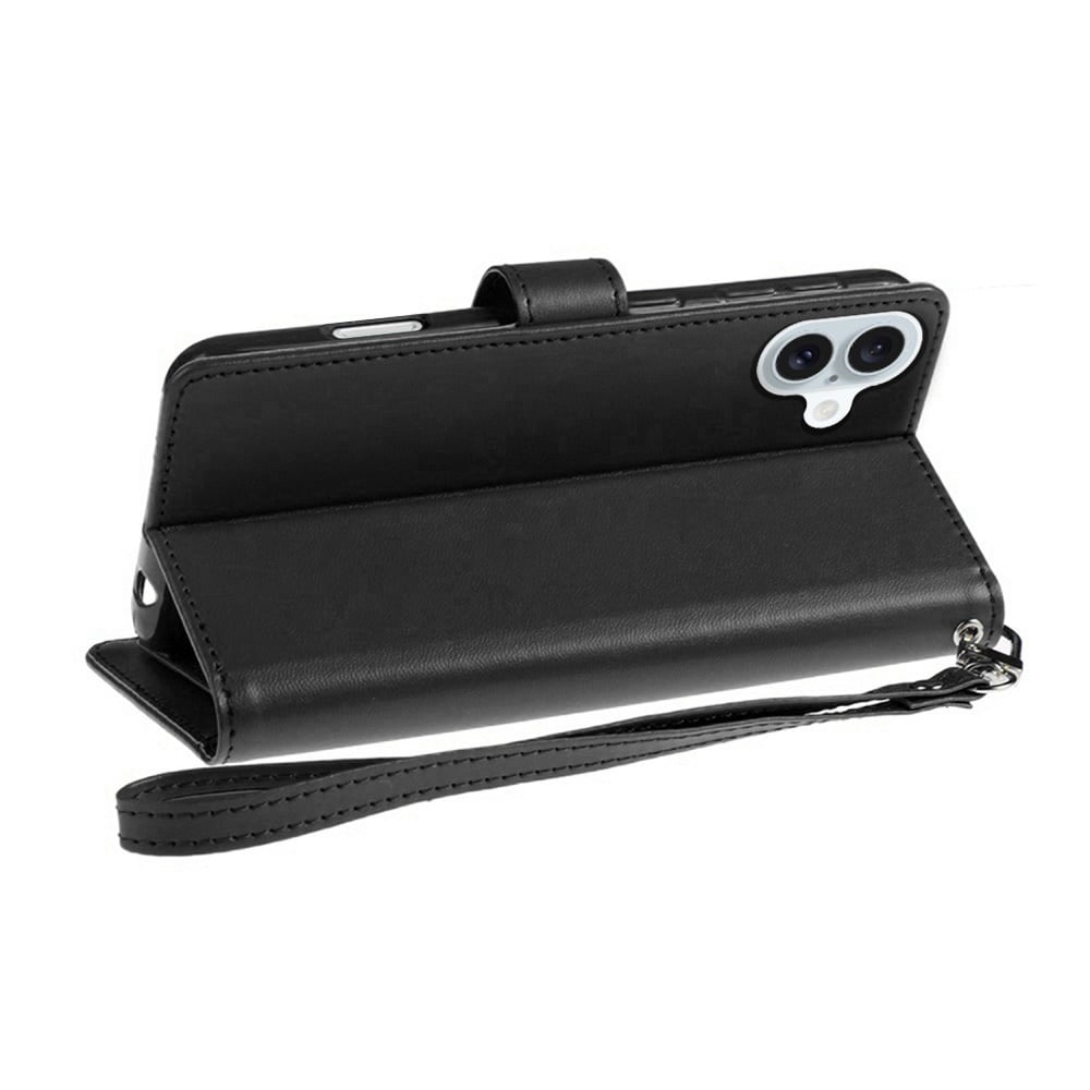 For Apple iPhone 16 Plus Wallet Cases PU Leather with Credit Card /ID /Cash Holder Slot Dual Flip Book Pouch, Stand and Strap Case Cover Black