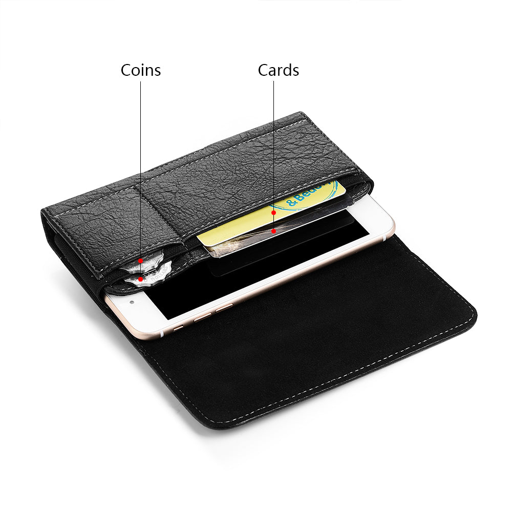 For Apple iPhone 16 Pro (6.3") Universal Horizontal Cell Phone Leather Pouch Holster Carrying Case with Credit Card Slots & Belt Clip Loop Cover [Black]