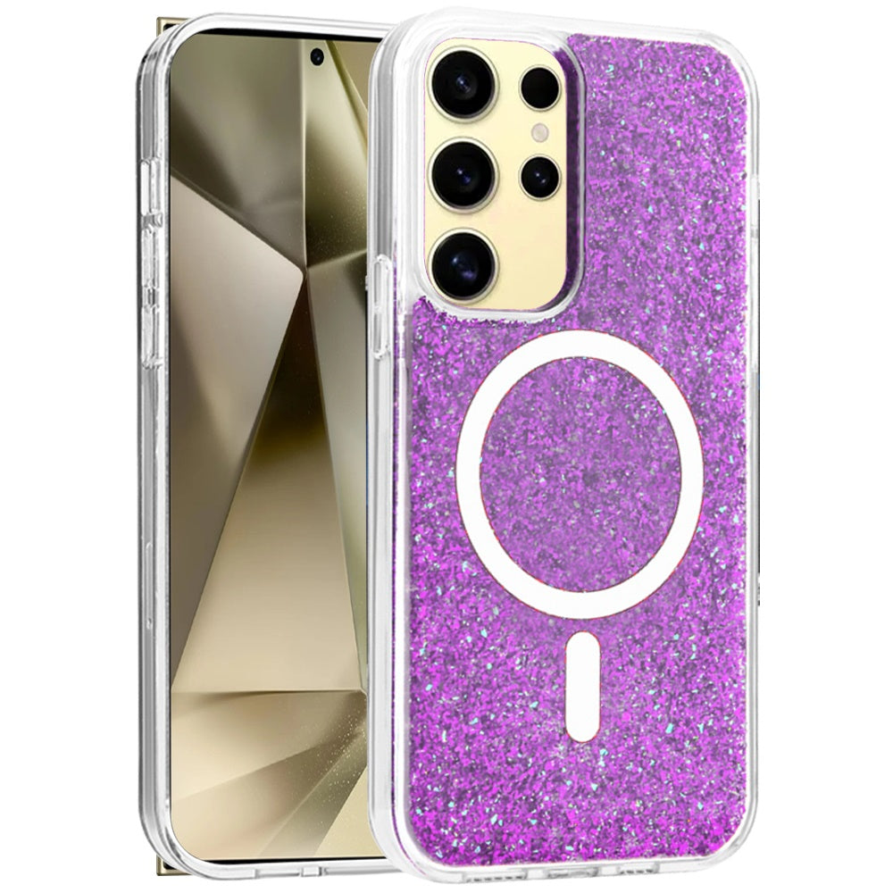 For Samsung Galaxy S25+ /S25 Plus /S24+ Plus Hybrid Epoxy Glitter Shiny Flower Design Stylish Fashion Case, Magnetic MagSafe Compatible, Shockproof Case Cover