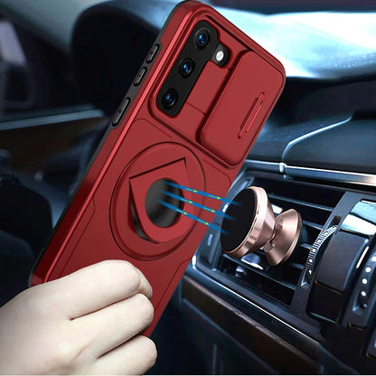 For Samsung Galaxy S21 FE /Fan Edition Full Coverage with Camera Window, Magnetic Circle, Rotatable Ring Stand, MagSafe Compatible, Shockproof Hybrid Protectiv Case Cover Red