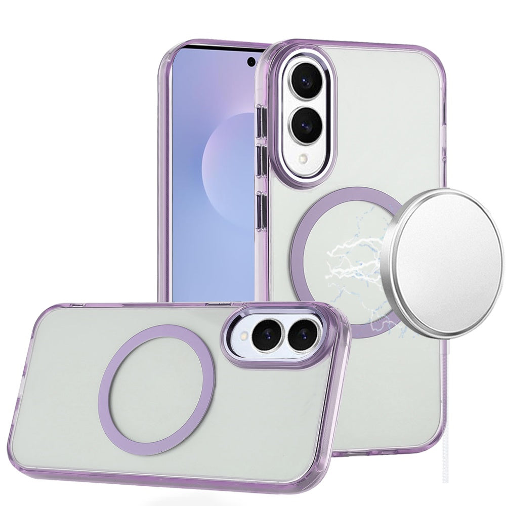 For Samsung Galaxy S25 EDGE Transparent Back Hybrid Case - Magnetic Circle, Color Frame, Metal Buttons, MagSafe Compatible Case Cover