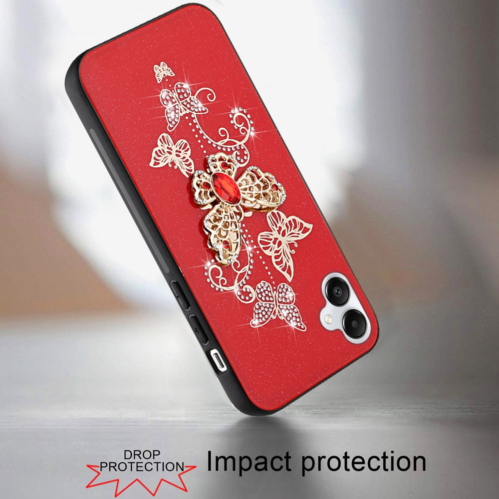 For Samsung Galaxy A06 Diamonds 3D Butterfly Bling Sparkly Glitter Ornaments Engraving Hybrid Metal Fashion Case Cover Red Garden Butterflies