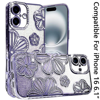For iPhone 16 (6.1") Luxury Flower Design Sparkle Glitter Diamond Rhinestone Shimmer Bling Plating Thick TPU Hard PC Case Cover