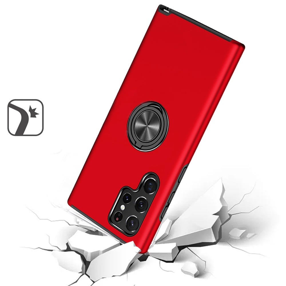For Samsung Galaxy S23 Hybrid 360 Degree Rotatable Metal Invisible Ring Stand Holder Slim Fit Magnetic Car Mount Shockproof Case Cover Red
