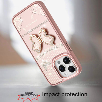 Phone Case for Apple iPhone 13 Pro Max Glitter Bling Butterfly Stand Metallic Edge Hybrid Shockproof Grip Durable Camera Protection Stylish Design Cover Rose Gold