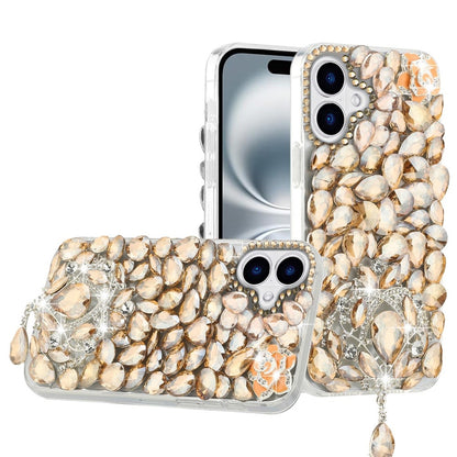 For Apple iPhone 16 (6.1") Bling Crystal 3D Full Diamonds Jewelry Luxury Sparkle Rhinestone Glitter Hybrid Protective Case Cover