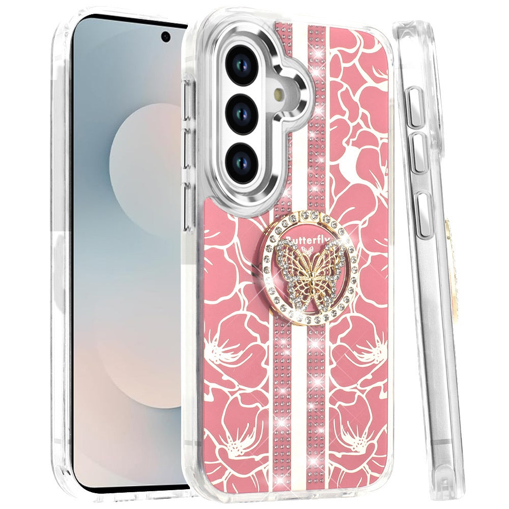 For Samsung Galaxy S26 Diamonds 3D Butterfly Floral Design Bling Sparkly Glitter Hybrid Metal Fashion with Ring Stand Case Cover