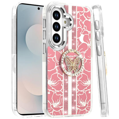 For Samsung Galaxy S26 Diamonds 3D Butterfly Floral Design Bling Sparkly Glitter Hybrid Metal Fashion with Ring Stand Case Cover