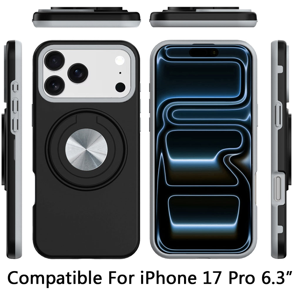 For Apple iPhone 17 Pro Metal Matte Hybrid with Invisible Rotational Ring Stand, Car Mount Friendly, Military Grade Slim Fit Sturdy Case Cover