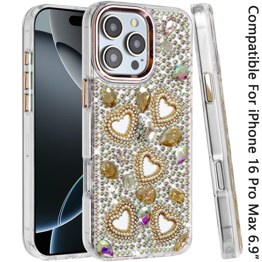 Phone Case for Apple iPhone 16 Pro Max Luxury Crystal Heart Rhinestone Diamond Bling Shockproof Hybrid Glitter Protective Stylish Durable Grip Cover Gold