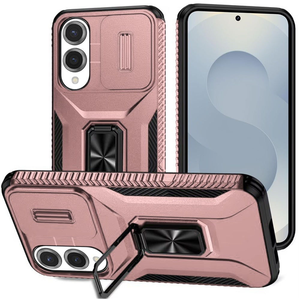 For Apple iPhone 17E /16E Case, Camera Cover with Magnetic Rotation Ring Stand, Military Grade Hybrid Hard TPU Shockproof Case Cover Rose Gold