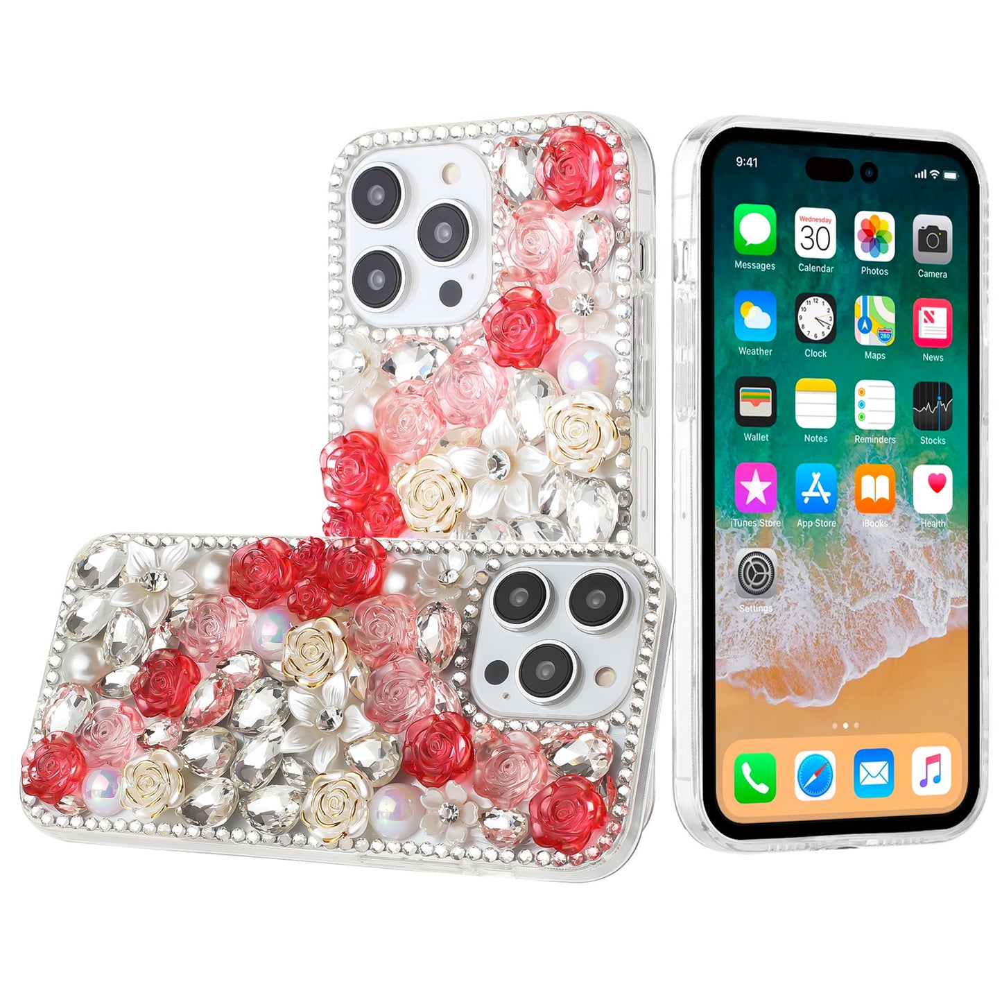 For Samsung Galaxy S24 Fan Edition /Galaxy S24 FE Fashion Rose Flower Floral Bling Crystal 3D Full Diamonds Pearl Sparkle Rhinestone Glitter Hybrid Case Cover Red